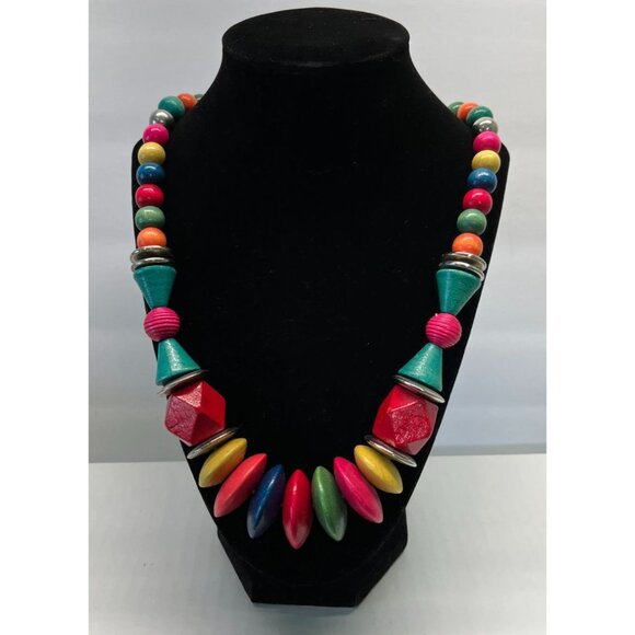 Handcrafted Rainbow Wooden Bead Necklace Geometric Shapes Graduating Beads Boho - Picture 5 of 9
